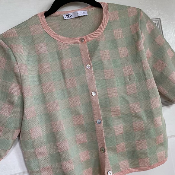 Zara green pink plaid short sleeve button up cardigan sweater, Sz M - Picture 3 of 9